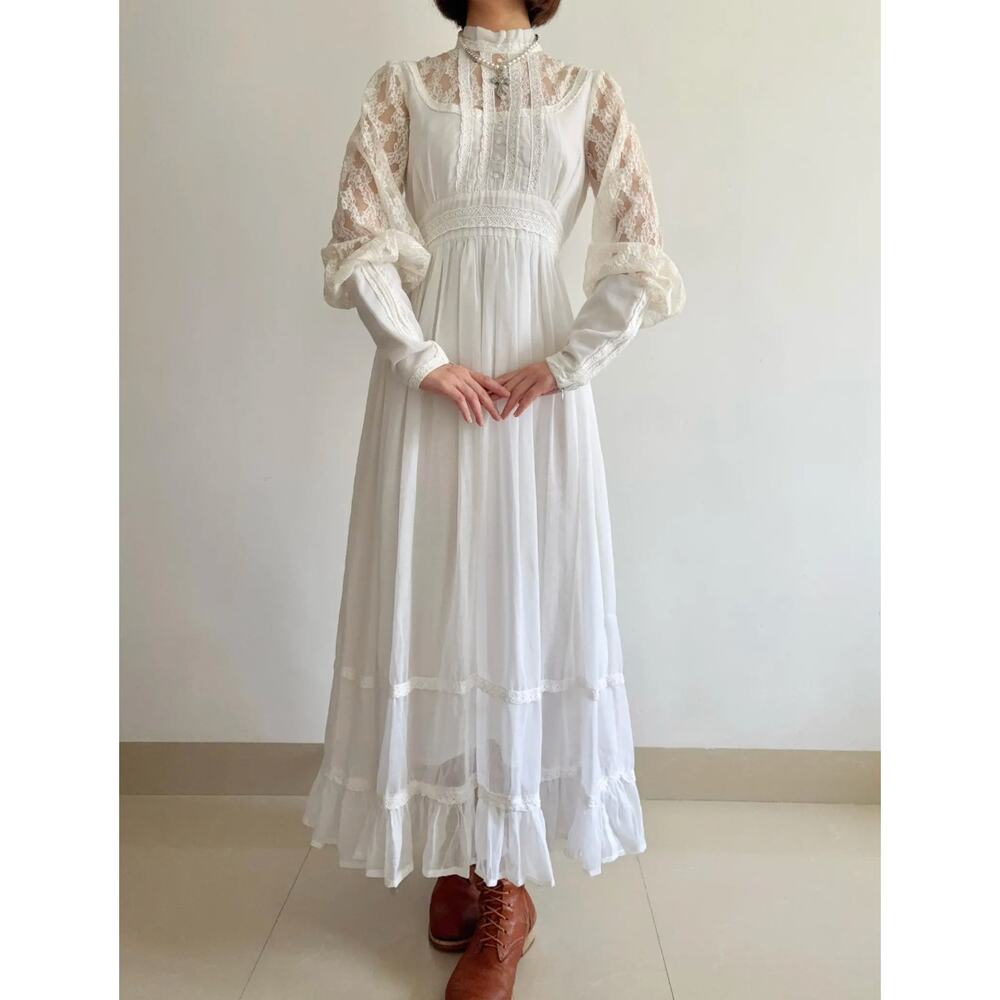 1970s Gunne Sax Victorian Lace Wedding Dress | White Prairie Maxi Dress - Picture 4 of 12